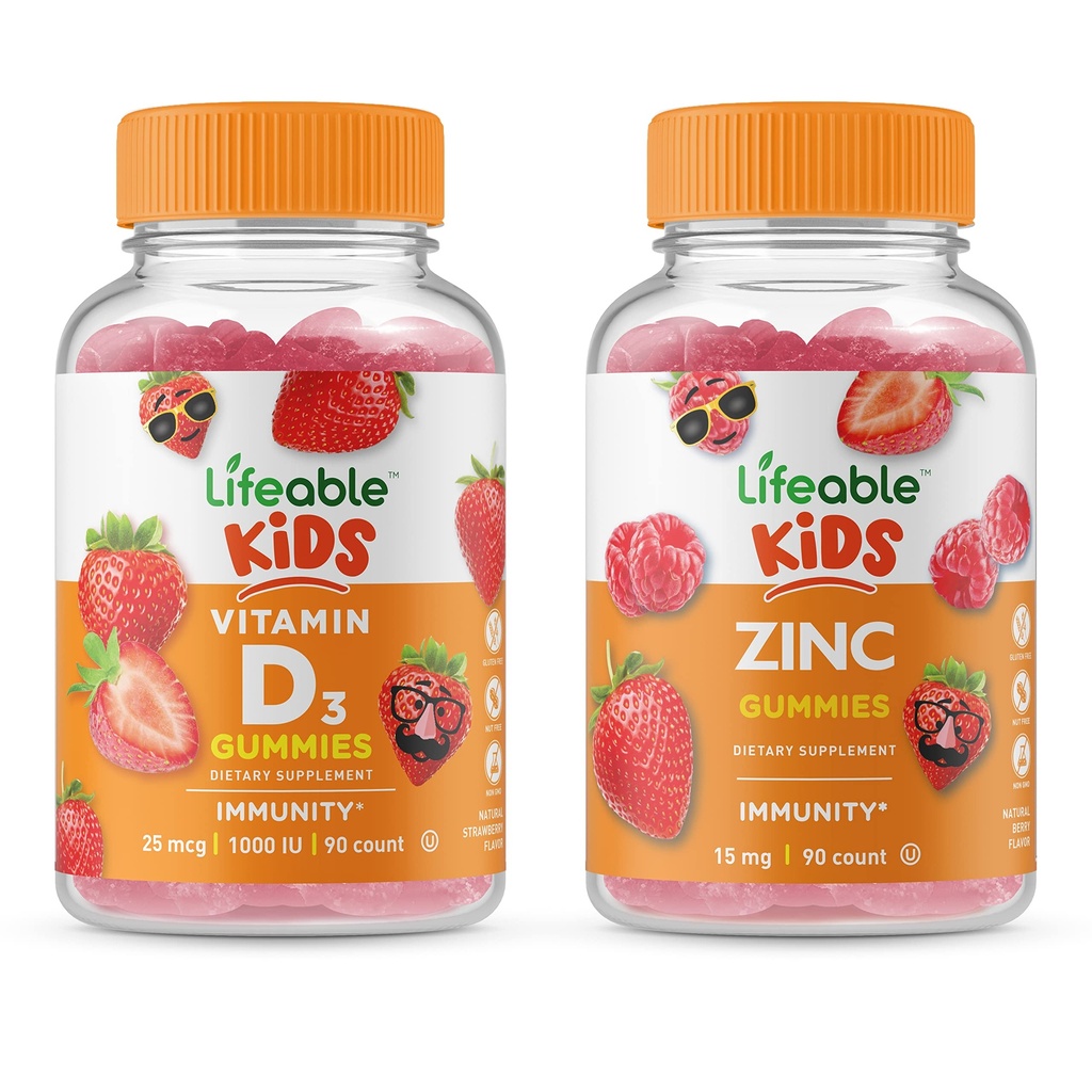Vita vitamina D bambini + bambini di zinco, Gummies Bundle - Grande degustazione, Integratore di vitamina, Senza glutine, OGM libero, pancia masticabile