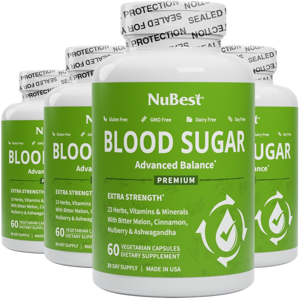 NuBest Blood Sugar - Formula Premium con Bitter Melon, Ashwagandha, Cinnamon, Cromo, Magnesio, Vitamine, Acido alfa lipoico, Pepe Cayenne - Support Healthy Blood Sugar - Confezione 4