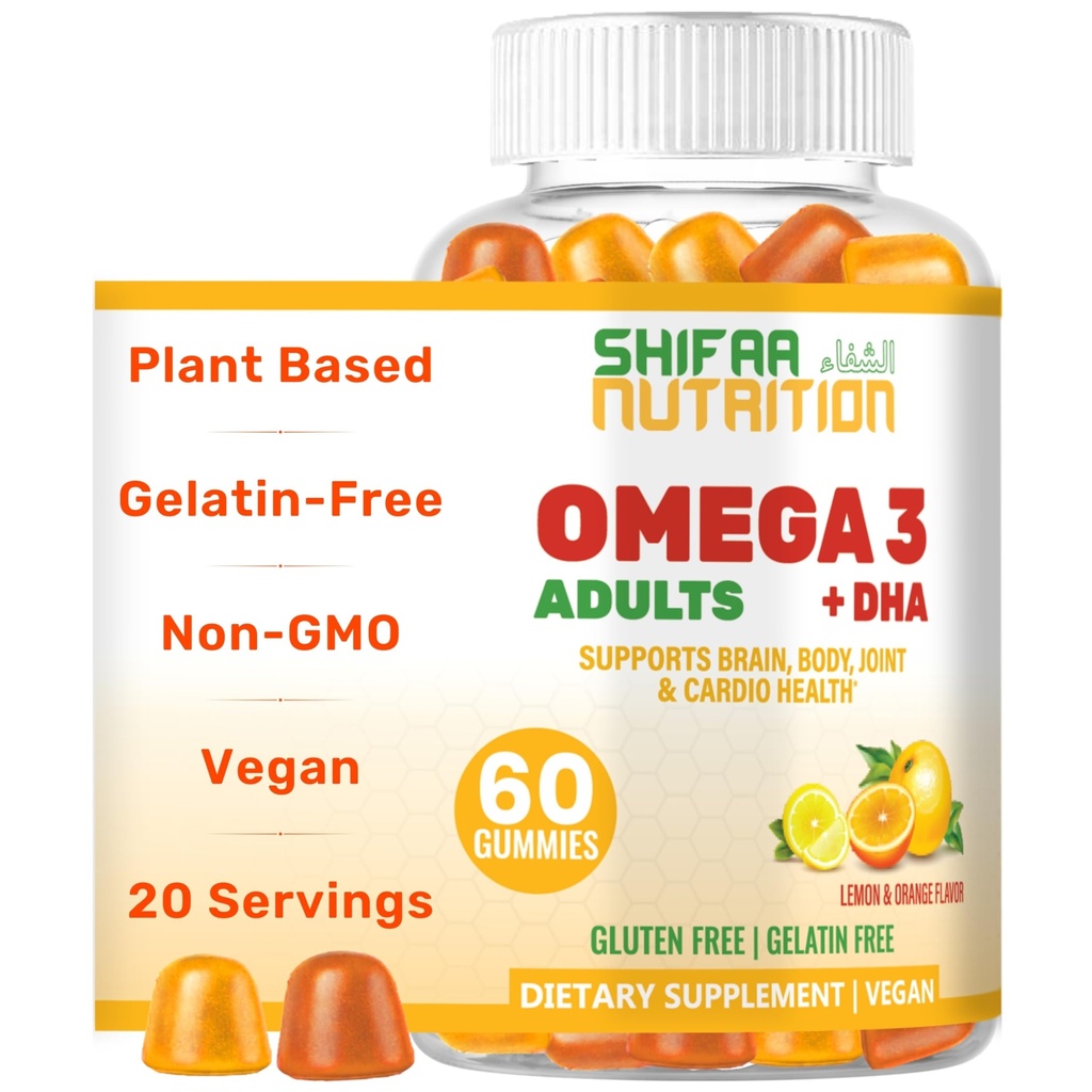 SHIFAA NUTRITION Vegan Omega 3 Gummies per adulti | No Fish Oil Burps | 60 Gummies | Plant Based w/Chia Oil, Algae | Omega 3 6 9 w/DHA, Vitamina C | per cervello, Cardiovascolare e supporto immunitario Halal
