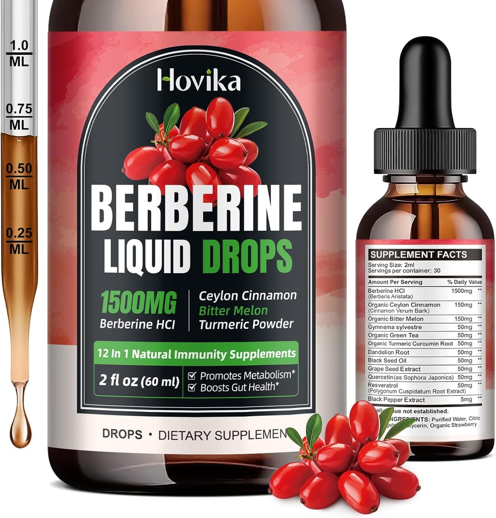 Gocce liquide HCL della berbina - 1500 mg Gocce liquide della berbina altamente assorbibili - Supplemento di verdure della berbina per il sistema immunitario, la digestione e il supporto per la salute del cuore, aroma di fragola- 2 FL Oz