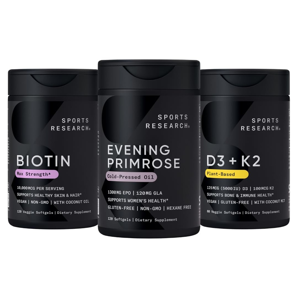Ricerca sportiva Vegan Biotin 10.000mcg con olio di cocco, Sera Primrose Supplemento da olio pressato a freddo e vegetale vitamina K2 MK7 + Vegan D3 5000iu