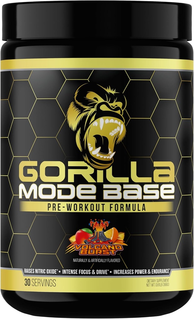 Gorilla Mind Base Pre Workout - Raises Nitric Oxide Intense Focus & Drive Endurance Power - L-Citrulline, L-Tyrosine, Betaine, Alpha-GPC, Caffeina, Huperzine A - 360 Grammi (Volcano Burst)