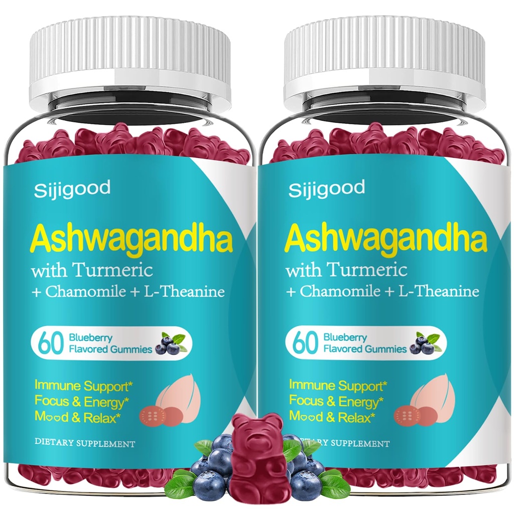 2 Pack Ashwagandha Gummies, Supporto per l'immunità, Rilassamento, Calma Mood & Zzz, Ashwagandha Supplementi per gli uomini e le donne, Natural Blueberry Flavor, 120 Conte