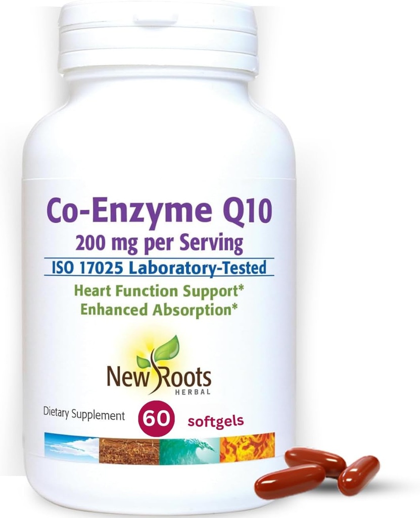 NUOVO ROOTS HERBAL CoQ10 Supplemento Coenzyme Q10 (60 Softgels) 200 mg | Medico Naturopatico Formulato per il supporto per la salute e l'energia del cuore | Realizzato con Fermentazione naturale