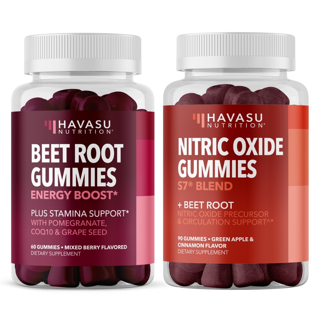 HAVASU NUTRITION Gummie di ossido nitrico con L-Arginina e Radice di barbabietola (1 Mese di alimentazione) & Beet Root Gummies con COQ10 & Pomegranate (1 Mese di alimentazione)