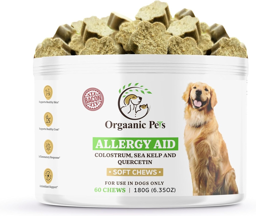 Herbal Dog Allergy Relief con SEA KELP - Colostrum - QUERCETIN - Funghi - Omega + 11 Natural Allergy Relief Herbs - Soft Chews for Skin & Seasonal Allergies