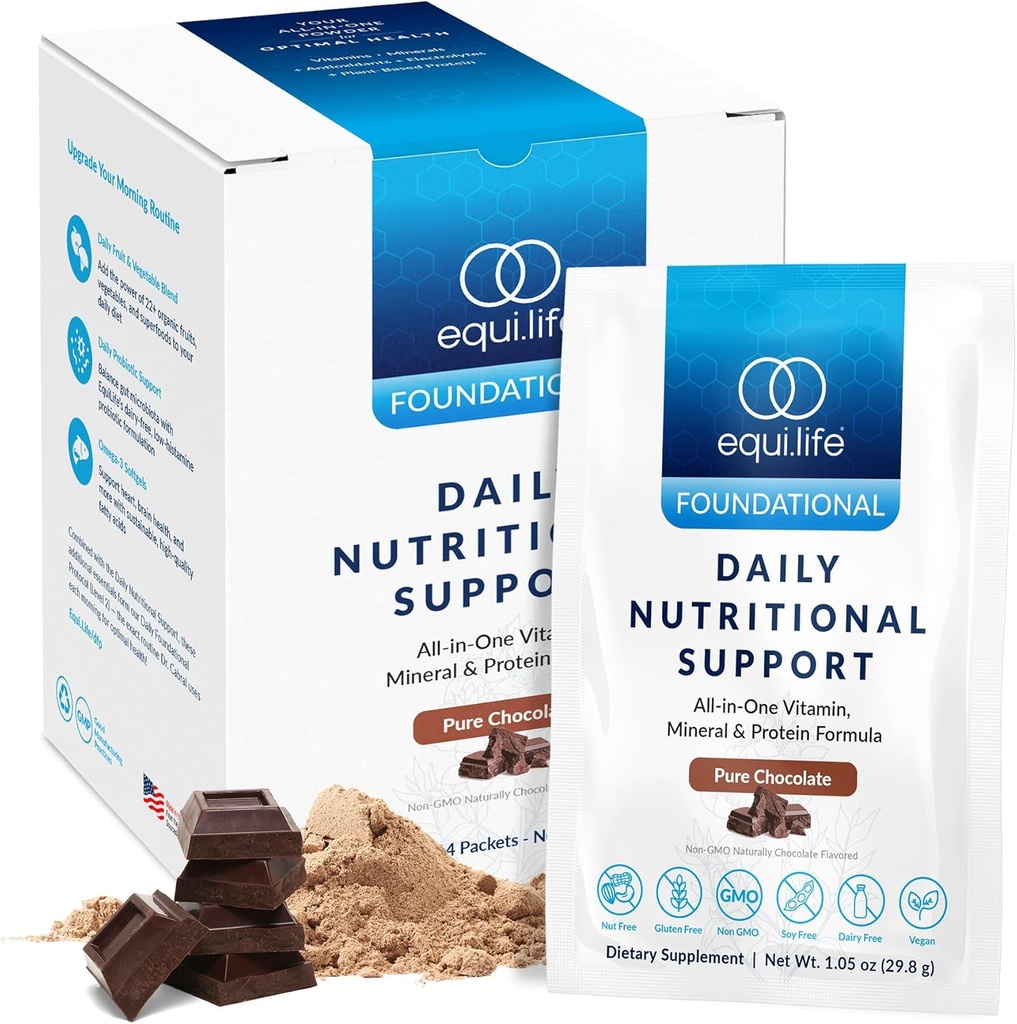 Sostegno nutrizionale giornaliero di Equilife, Sostituzione Multivitamina Meal, Sapore di cioccolato puro, 15G Proteine delle piante, Supporti Benessere Complessivo Compreso Energia, Digestione, & Skin, 14 Pacchetti