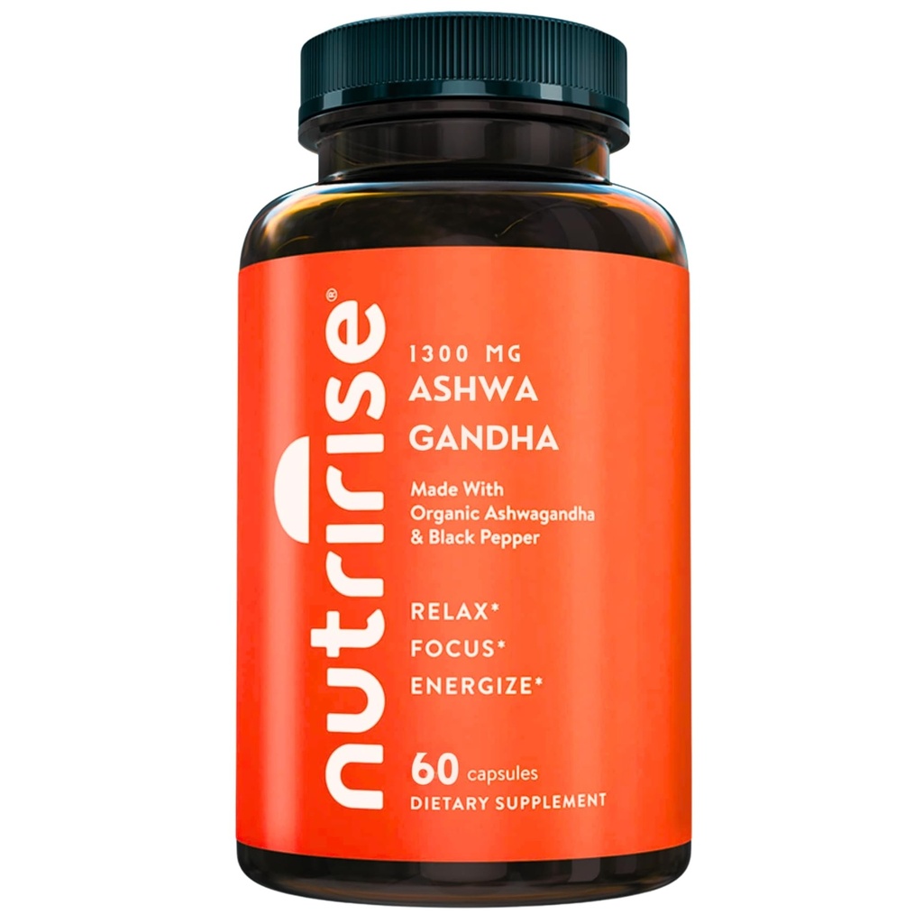 NutriRise Organic Ashwagandha Root Capsule con Pepe Nero, 1300mg, Natural Stress & Mood, Thyroid & Immune Support Supplement, Clarity, Focus & Energy, Gluten Free, 60 Count