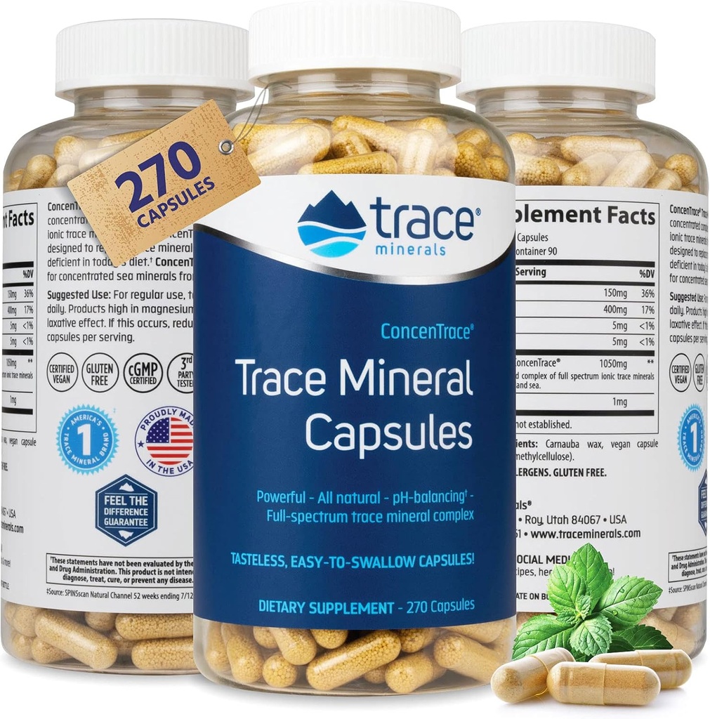 Trace Minerals Low-Sodium ConcenTrace Capsule - Supplemento al supporto Bone Health & Body Energy - Integratore di supporto per l'idratazione e l'elettrolita sano - 270 Capsule (90 Serve