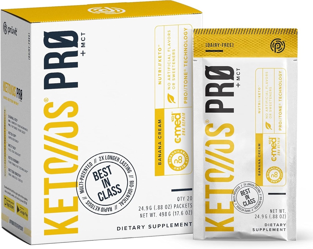 Pruvit Keto//OS Pro Banana Cream + MCT chetoni - Keto//OS Pro Supplemento per il potenziamento dell'energia, una migliore digestione e aiuta a combattere il processo di invecchiamento - 20 pacchetti