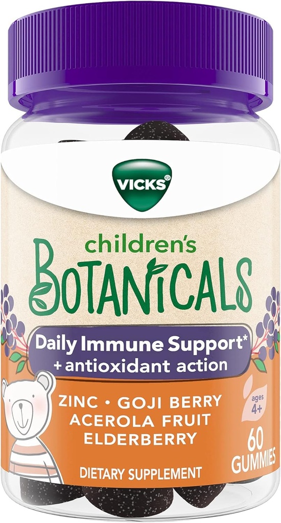 Vicks Children's Botanicals Daily Immune Support* + Azione Antiossidante, Gummies, Realizzato con Zinco, Goji Berry, Acerola Fruit, Elderberry, 60 ct