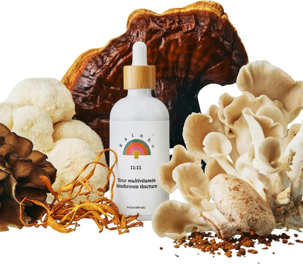 Rainbo - 11:11 Multi Mushroom Tincture - 11-in-1 Dual Extract Mushroom Blend - Supporto immunitario completo, Supporto cerebrale, Liquid Lion's Mane & Turkey Tail, Vegan, Non OGM, 3.4 fl oz