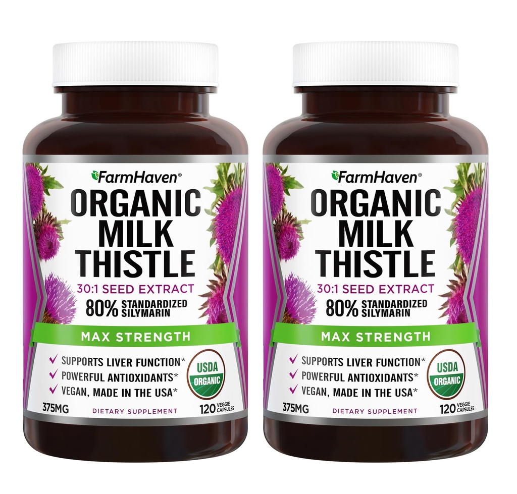 FarmHaven USDA Organic Milk Thistle Capsule | 30X Concentrated Seed Extract & 80% Silymarin Standardized - Supporta la funzione del fegato e la salute generale | Non OGM | 240 Vegan Capsule