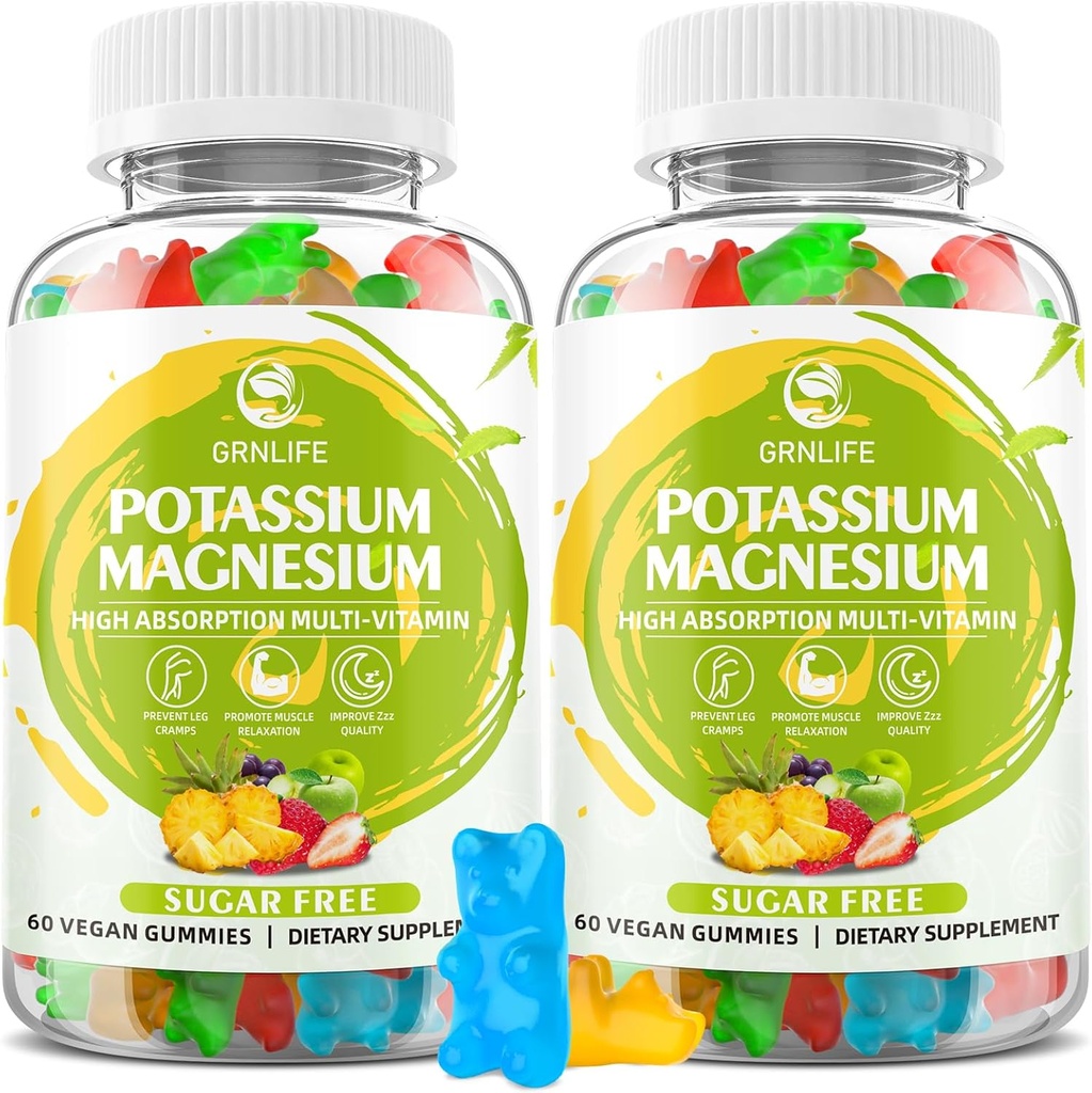 Gummie di Magnesio di potassio, Gummie di potassio per i bambini adulti, Glicinato di Magnesio ad alto assorbimento per Crampe di gambe e salute immunitaria, senza zucchero, aromi misti vegani, 120 Conte