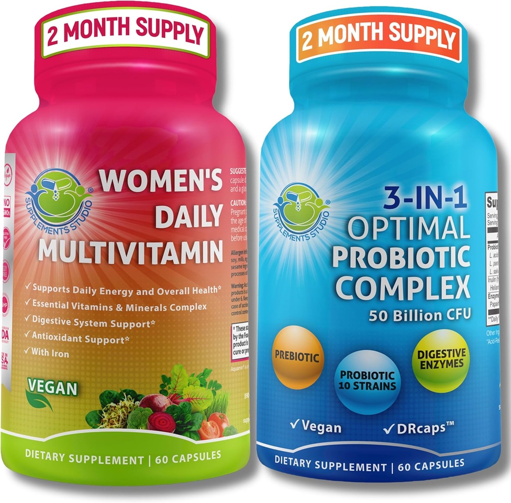 Multivitaminico femminile & supporto probiotico Bundle – 3-in-1 Probiotico con enzimi digestivi & Prebiotici & Donna Multivitamina quotidiana con ferro – Vegan, Non OGM, Clean Daily Wellness Support
