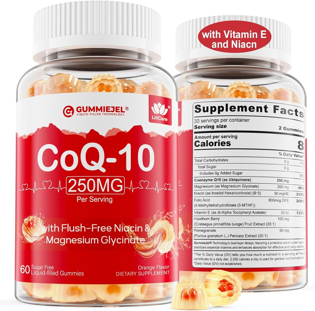 Zucchero gratis CoQ10 Filled Gummies 250MG, Coenzyme Q10 w/Magnesium Glycinate, Niacin No-Flush Vitamin B3, E & Folic Acid, CoQ10 ad alto assorbimento per HEA-rt, Energia cellulare & Antiossidante