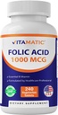 Acido Folico Vitamatico 1000 mcg (1 mg) - Compresse Vegetariane - 1667 mcg DFE - Vitamina B9 (240 Conte (Pacchetto di 1))