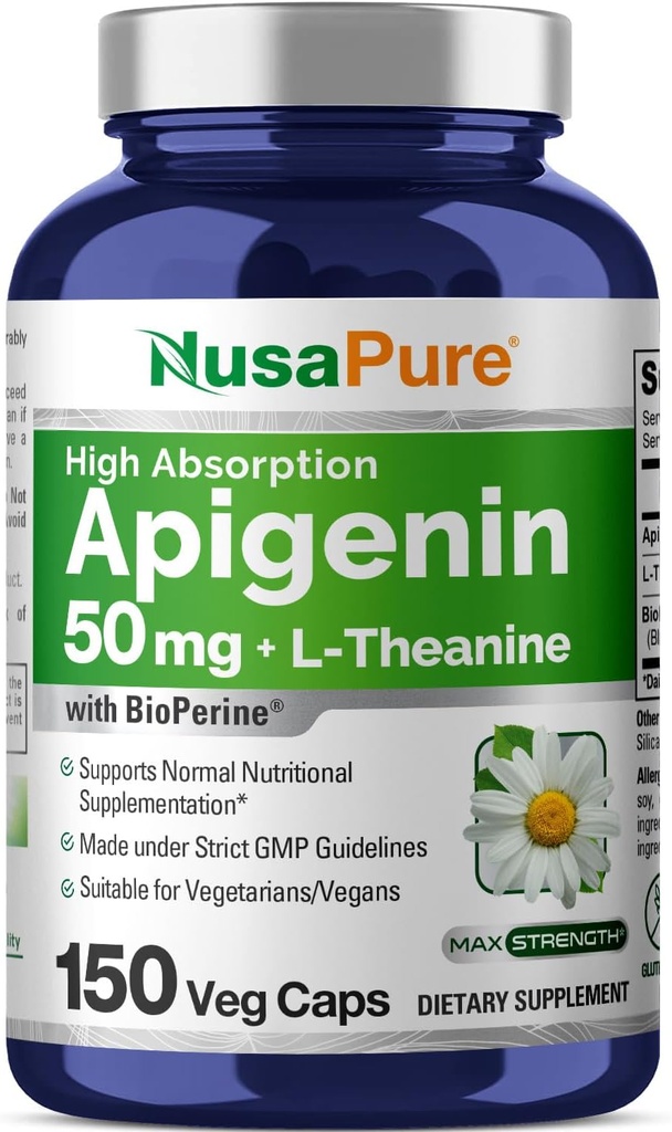 NusaPure Apigenin 50mg & L-teanina 200mg, 150 capsule di verdure, bioperina (non OGM, senza glutine)