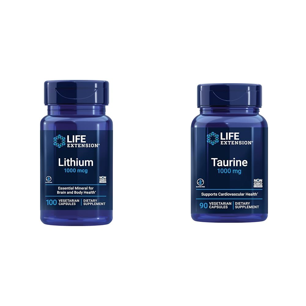 Estensione della vita Lithium 1000 mcg e Taurine 1000 mg - Salute del cervello, Anti-invecchiamento, Longevità, Memoria, Cognizione, Mood, Cuore, fegato, muscolo ed esercizio di sostegno - 100 conte