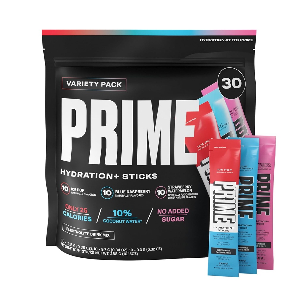 PRIME HYDRATION+ Sticks Variety Pack | Polvere di idratazione Sticks singoli | Polvere di elettrolita sul Go | Basso zucchero | Caffeina-Free | Vegan | 30 Sticks
