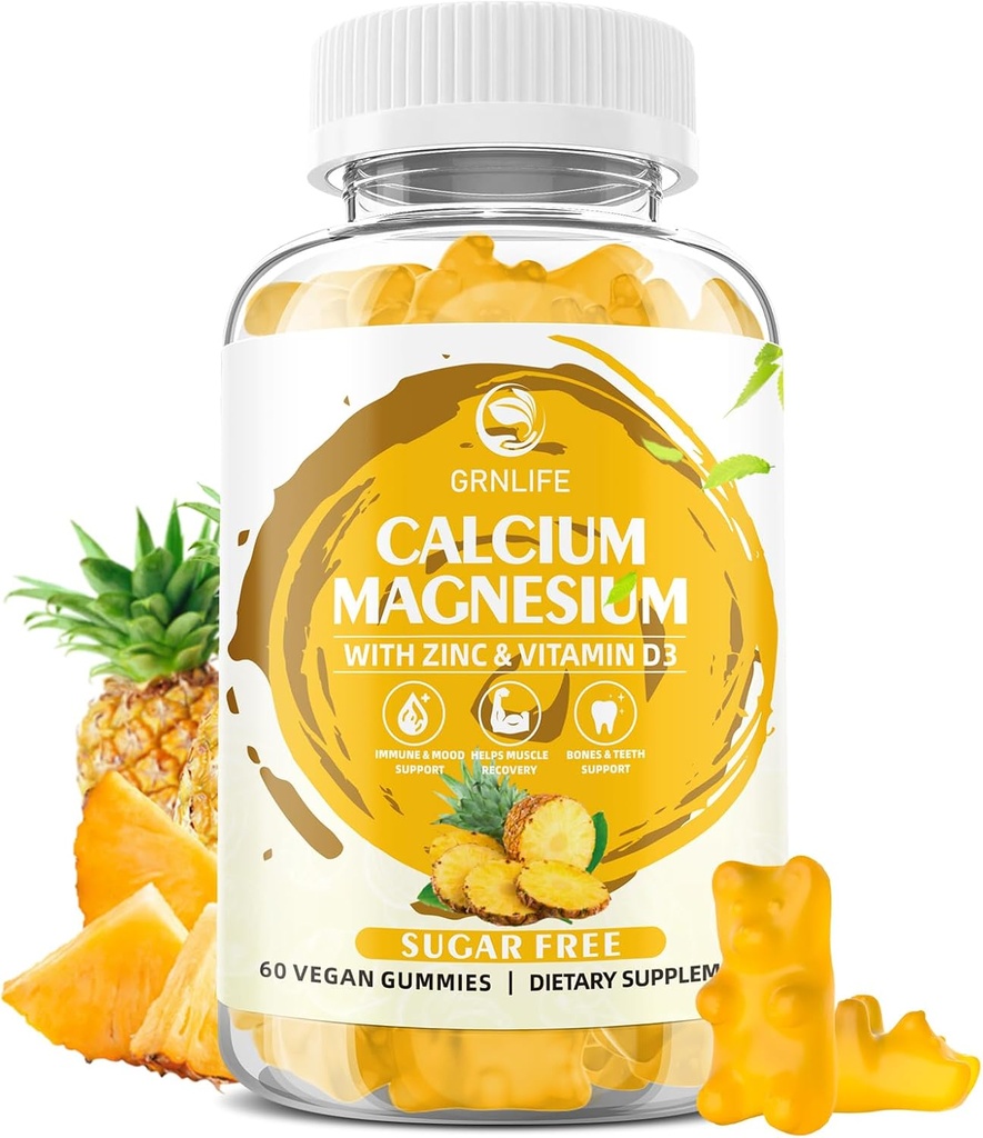 Calcium Magnesio Zinc Gummies con Vitamina D3, Zucchero Calcium Gummies gratuito per gli uomini delle donne, Gummie di Magnesio ad alta potenza per la salute del muscolo e del muscolo e dell'immune, Sapore di ananas - 60 Conte
