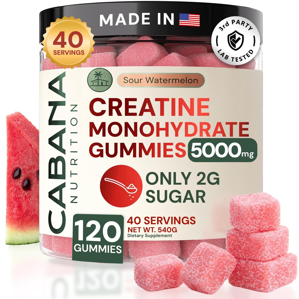 Creatina Monoidrato Gummies 5g - Solo 2g Zucchero, Made in USA - Sour Watermelon Flavor - Vegan & 3rd Party Tested - Pre & post Workout Supplement for Women and Men (120 Count, 40 Servings)