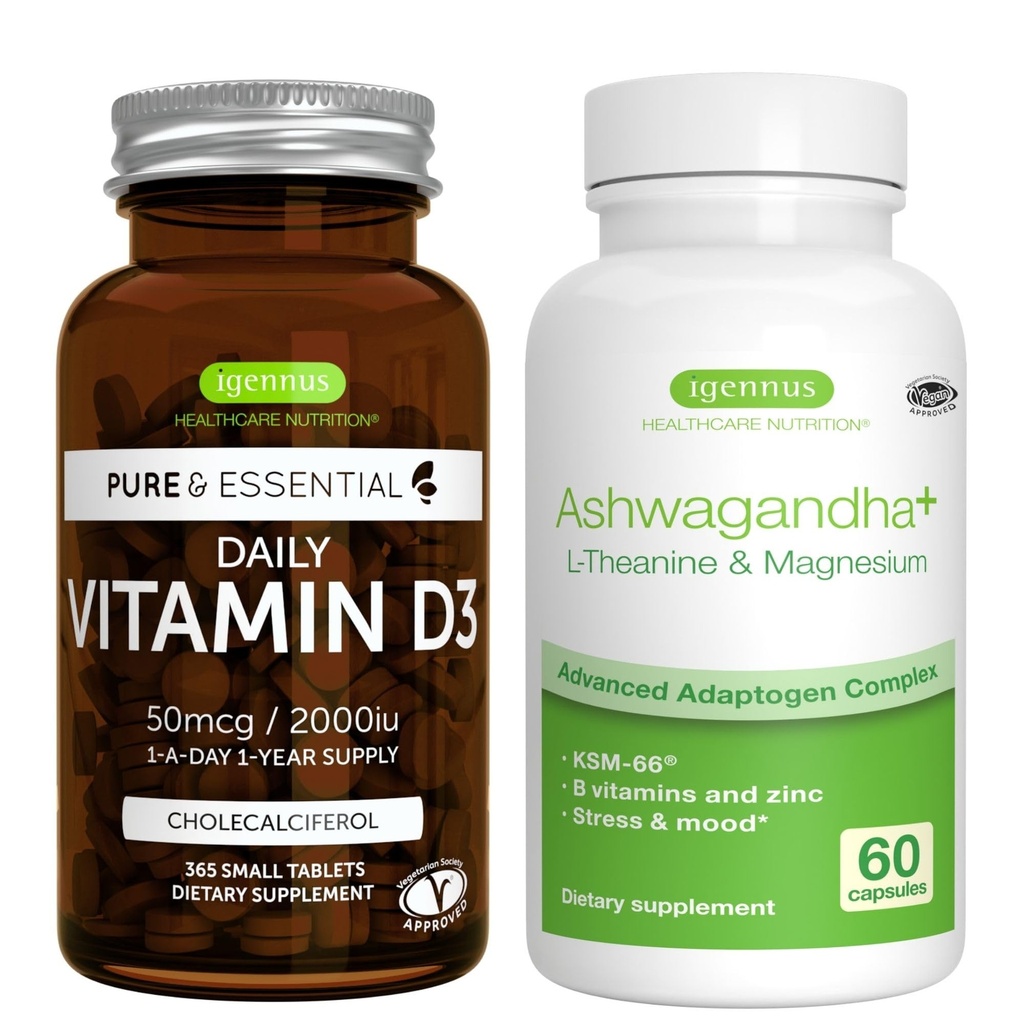 Vitamina giornaliera D3 + Ashwagandha+ L-teanina & Magnesio Bundle vegetariano, 365 2000iu Vitamina D3 Compresse + 600mg KSM-66 Ashwagandha con Zinc & B Vitamine, di Igennus