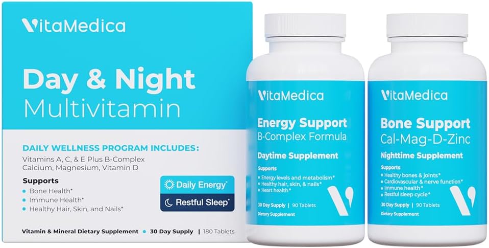 Multivitamin Day & Night Routine | Energy & Mental Clarity, Bones & Joints, Beauty, Restful Sleep | 30-Day Supply | Vitamine A, C, D, E, B-Complex | Magnesio, Biotina, Zinco, Botanical, & Minerali