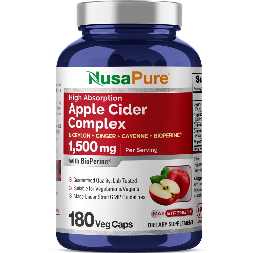NusaPure Aceto di sidro di mele Complesso 1500 mg 180 tappi di veg adatti per vegetariani e vegani, non OGM
