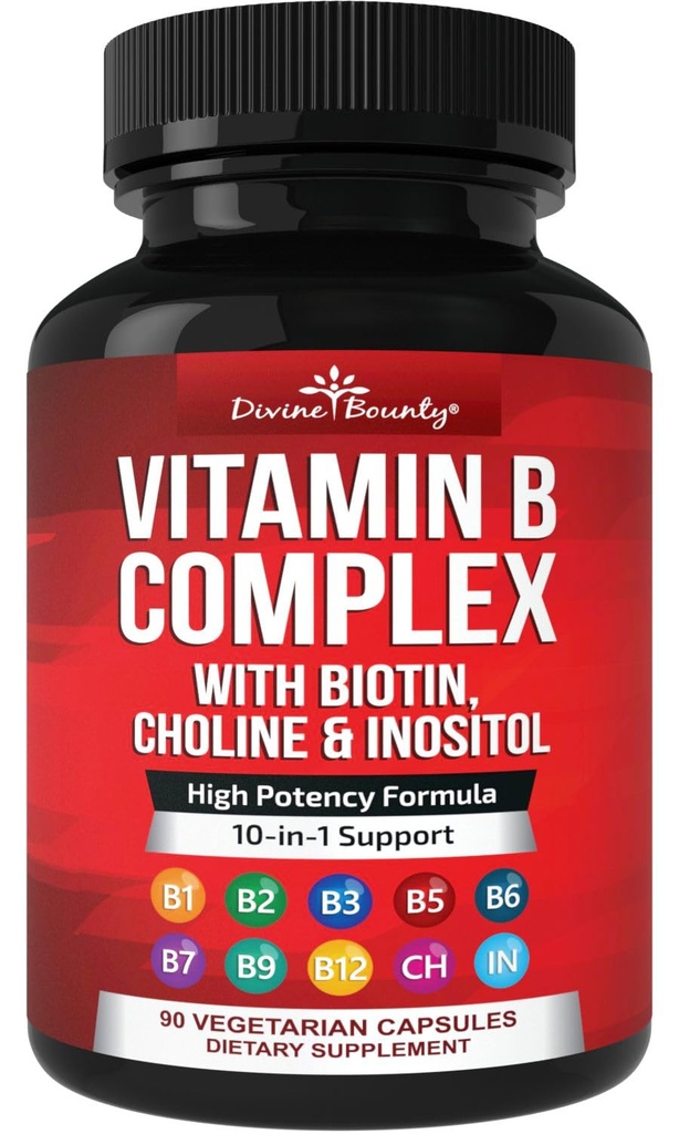 Vitamine Divine Bounty Super B Complex - Tutte le B Vitamine Comprese B12, B1, B2, B3, B5, B6, B7, B9, Acido Folico - Supplemento Vitamina B - Supporto Metabolismo Energetico - 90 Capsule Vegetariani