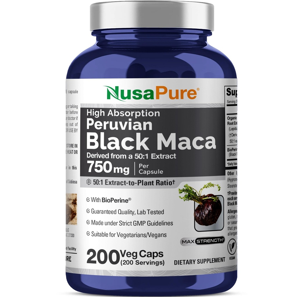 NusaPure Black Maca Root 50:1 Extract, 750 mg Equivalente a 37.500 mg 200 Veggie Per Caps (Vegan, Non OGM)