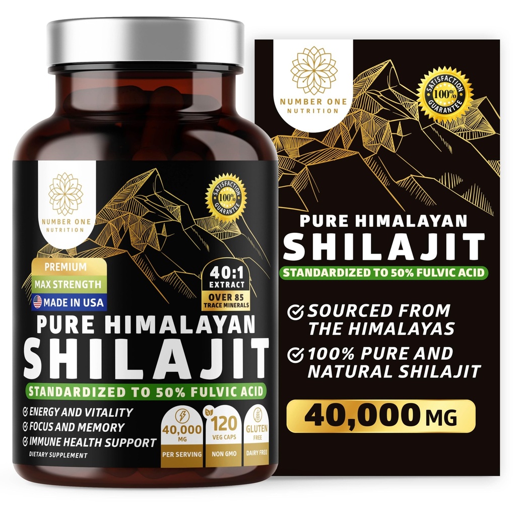 Pure Himalayan Shilajit Supplemento per gli uomini e le donne, [40,000MG, Max Strength] Contiene il 50% di acido Fulvico con oltre 85 minerali Trace per sostenere l'energia, il cervello e l'immunità, 120 tappi di veg