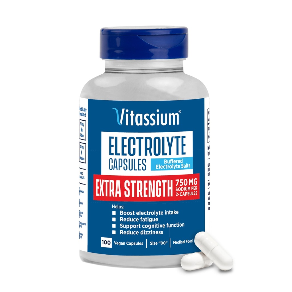 Vitassium Extra Strength Electrolyte Capsule, 750 mg di sodio per la gestione di POTS e diete ad alto contenuto di sodio, senza aroma, 100 Pillole di sale (Size 00)