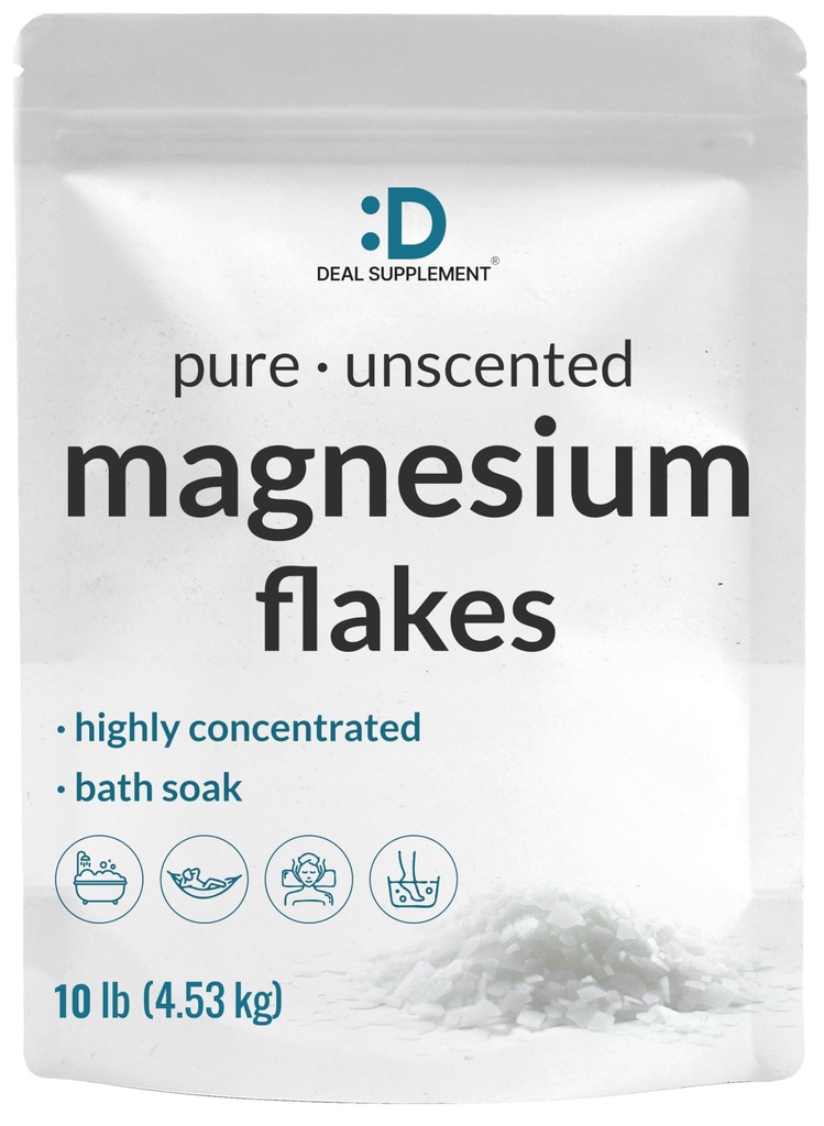Pure Magnesium Flakes Bath Soaks, 10lbs - Natural Epsom Salt Substitute | Fiocchi di cloruro di magnesio ad alto assorbimento | Hydrates Skin & promuove il rilassamento