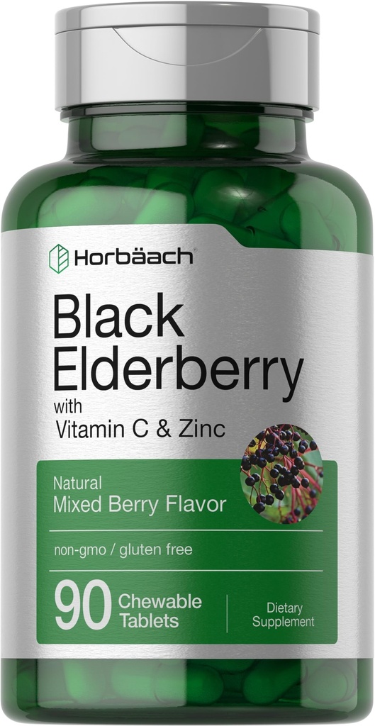Horbaach Black Elderberry with Vitamin C and Zinc | 90 Chewable Tablets | Mixed Berry Flavor | Immune Support Complex | Vegetariano, Non OGM e Gluten Free Supplement
