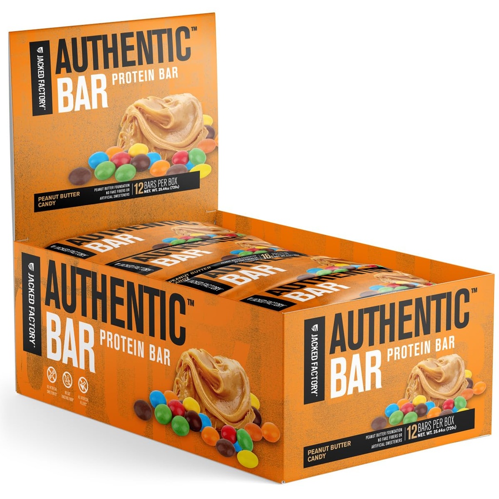 Barrette di proteine del burro di arachidi della fabbrica Jacked - Barre di energia di sostituzione del meal gusto w/ 16g isolato di proteine del siero di latte, zuccheri naturali da miele puro, grasso sano - 12 pacchetto