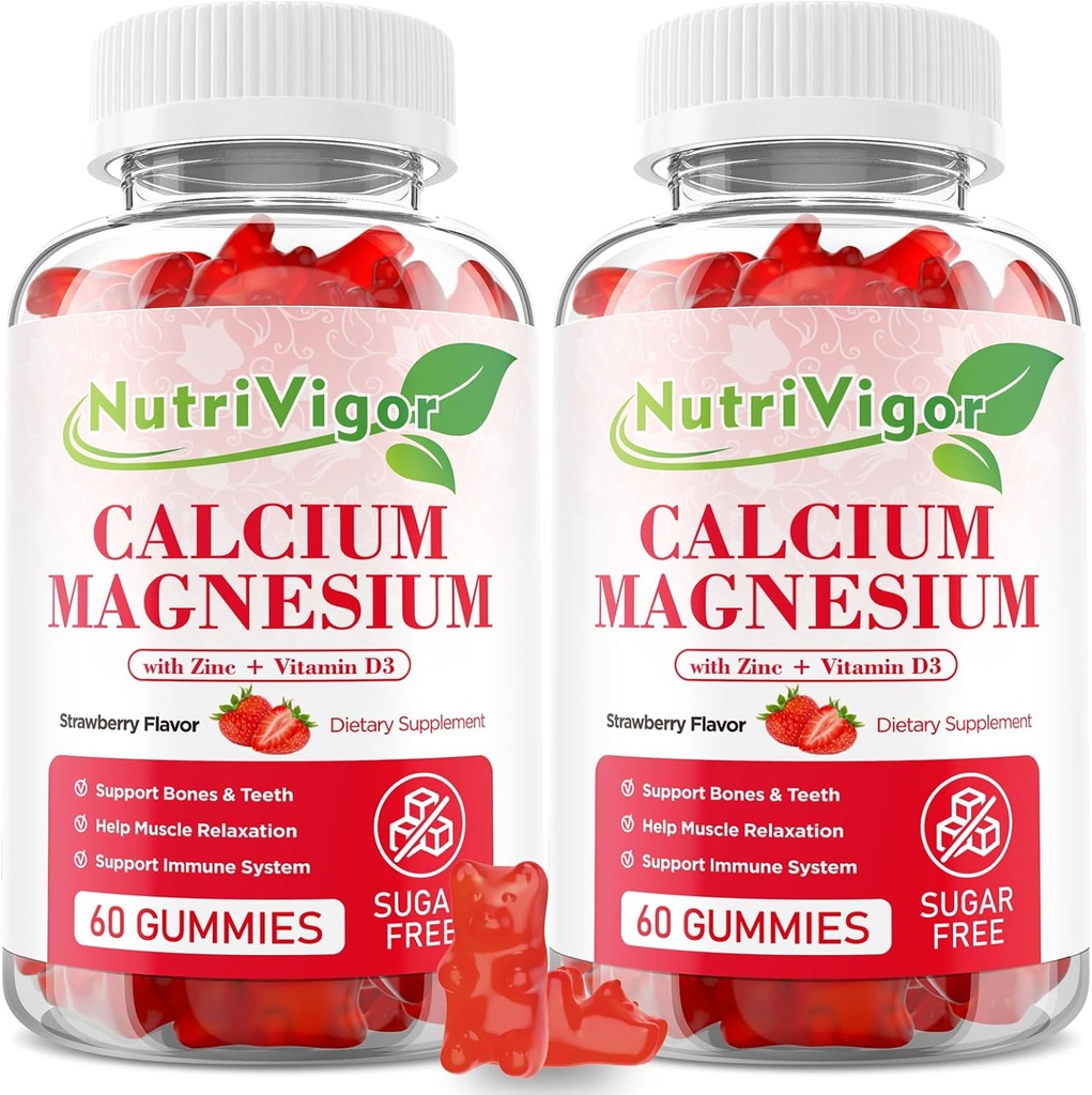 Calcium Magnesium Zinc Gummies con Magnesio ad alto assorbimento 300mg, Supplemento di calcio con D3 per ossa, muscoli e supporto immunitario per bambini e adulti, aroma di fragola, 120 Conte