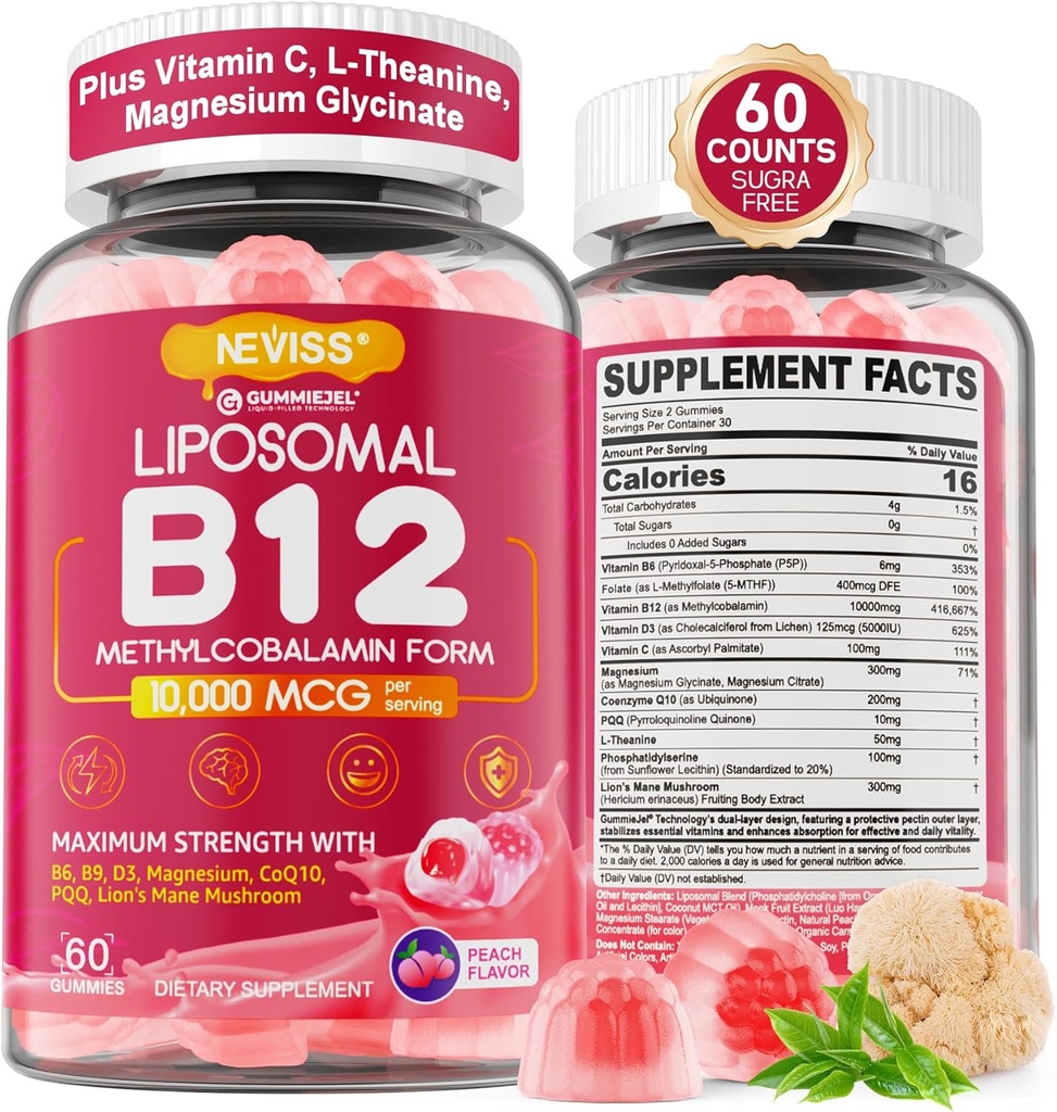 Methyl B12 Gummies 5000 mcg/10000 mcg w/L-metilfolate, B6, Lion's Mane Mushroom, CoQ10, PQQ, Magnesium Glycinate, Extra Forza Liposomal Vitamina B12 Complesso per l'energia, Focus, cervello e immunità 1Pack
