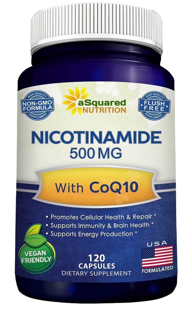 Nicotinamide con CoQ10 (120 capsule) - Vitamina B3 500mg (Niacinamide Flush Free) - Polvere di Coenzyme Q10 - VIT B-3 & Coq 10 pillole supplemento per sostenere l'energia, NAD, & Skin Cell Health