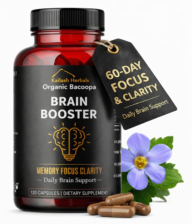 Bacopa, Organic Brain Booster, Nootropic Brain Supplement, Bacopa Monnieri/Brahmi, per Mental Sharpness, Focus, Memory e Cognitive Wellness, 120 Capsule 500mg, 2 Mesi di Alimentazione