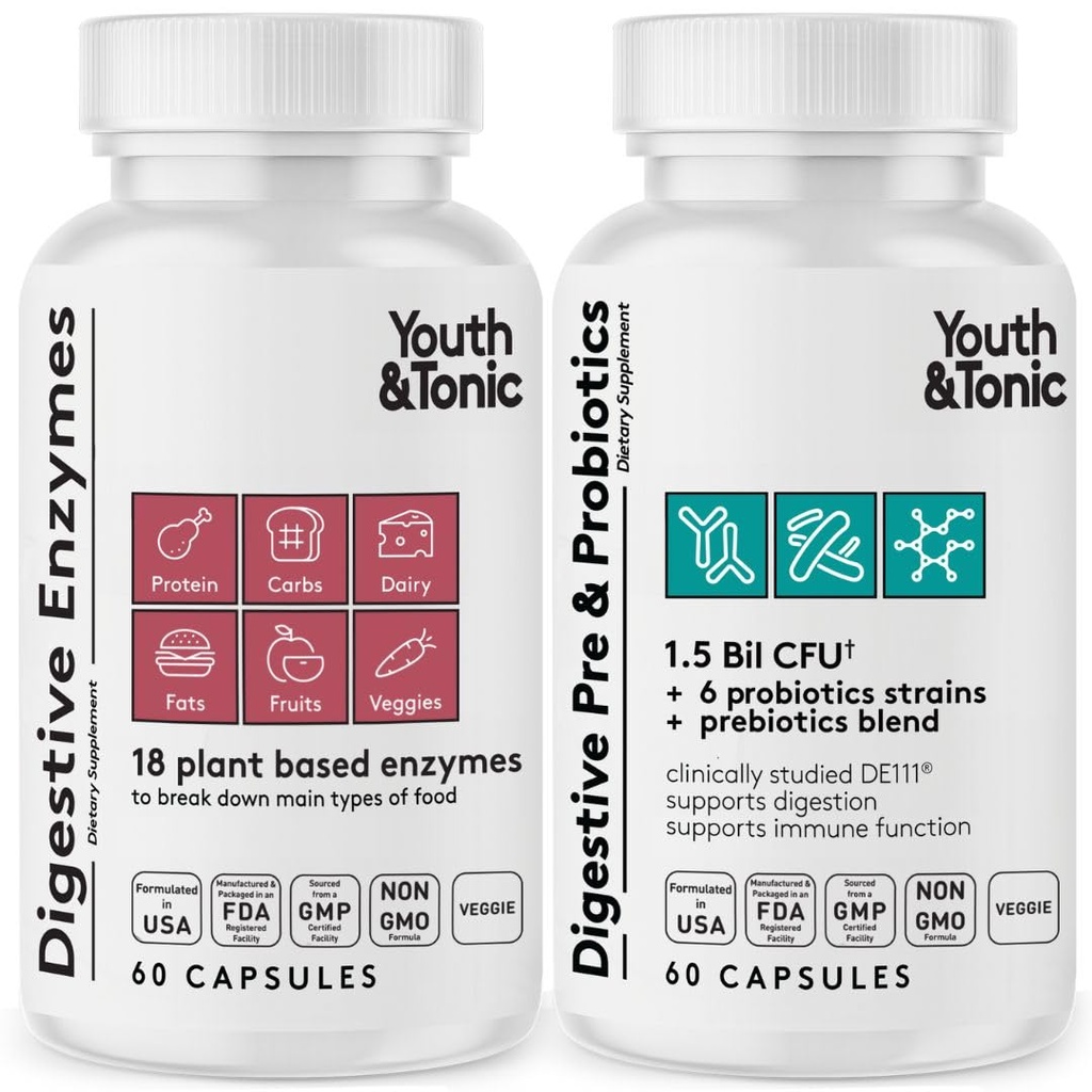 Integratore digestivo giovanile e tonico per Bloating, Regolarità & Salute Gut. Probiotici e prebiotici per la digestione per abbattere il cibo e per usare il quotidiano, per le donne e gli uomini – 120 pillole