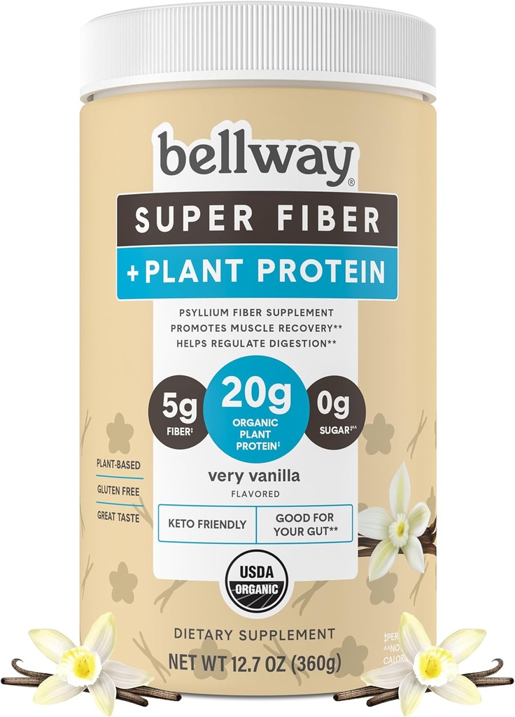 Bellway Super Fiber + polvere di proteina, polvere di supplemento di fibra di Psyllium organico senza zucchero con 20g Protein Per Serving, Vanilla Molto, 12.7 oz
