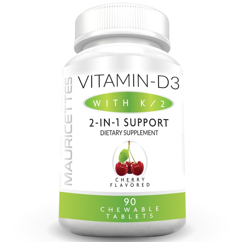 Mauricettes Chewable Vitamin D3 con K2 – 2 in-1 Bone & Heart Health Support – Immune Booster – Natural Cherry Flavor – 90 compresse per adulti e bambini