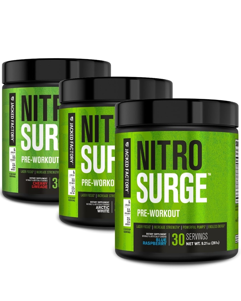 Jacked Factory NITROSURGE Pre Supplemento di allenamento - Energia senza fine, Gains di resistenza istantanea, Clear Focus, Pompa intensa | Limeade di ciliegia, Blue Raspberry, Bianco artico (90 Serve)