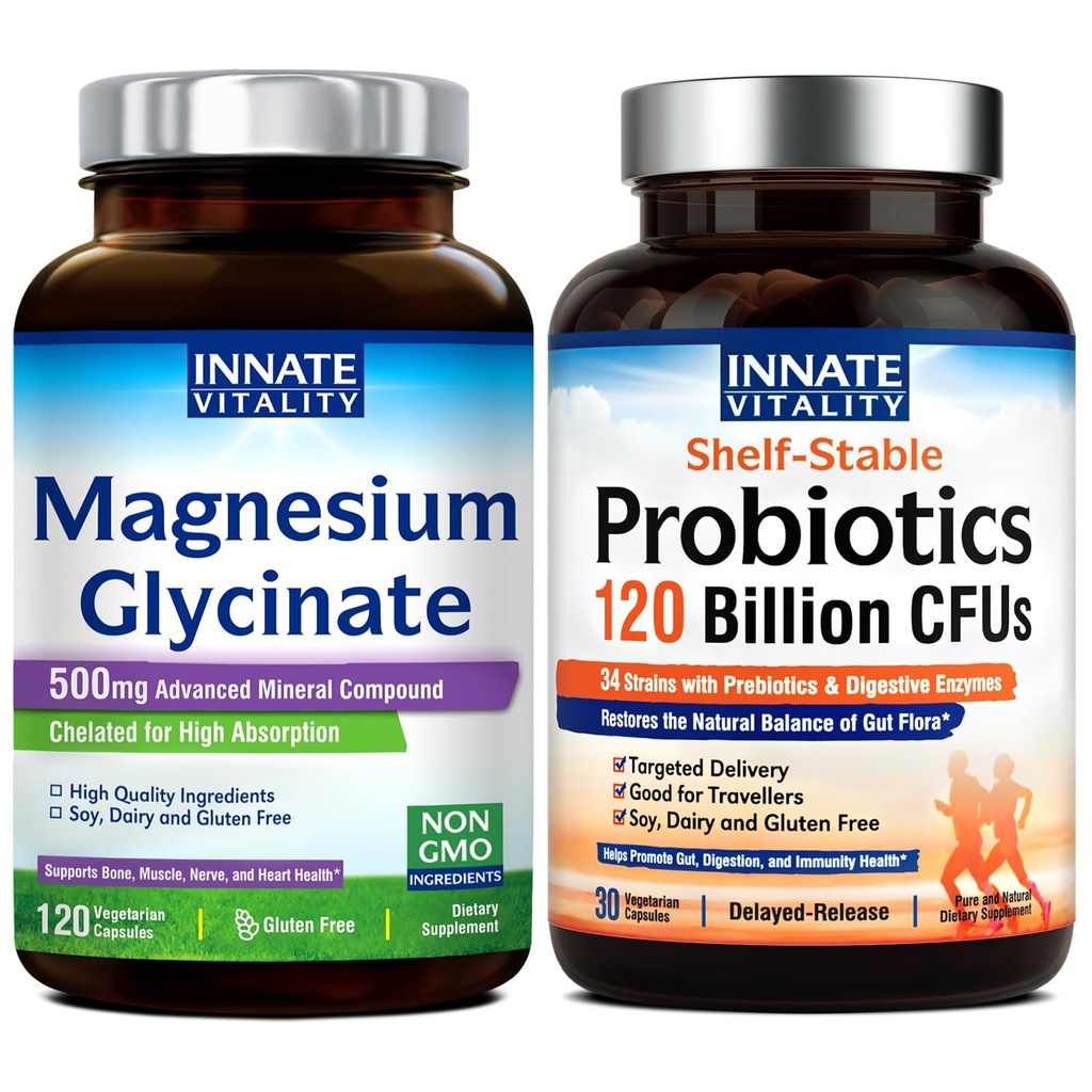 Innate Vitality Magnesium Glycinate & Probiotics 120 miliardi di Bundle, Non OGM, No Gluten Dairy Soy & Vegan, Magnesio (120 Caps) & Probiotic (30 Caps)