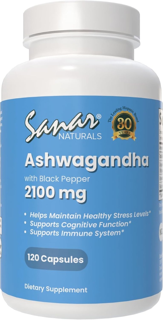 Sanar Naturals Ashwagandha 2,100 mg - Stress & Mood Support Supplement - Promuove l'energia concentrata e sostenuta, Ashwaghanda Powder e Root Extract Blend with Black Pepper - Non-GMO, 120 capsule