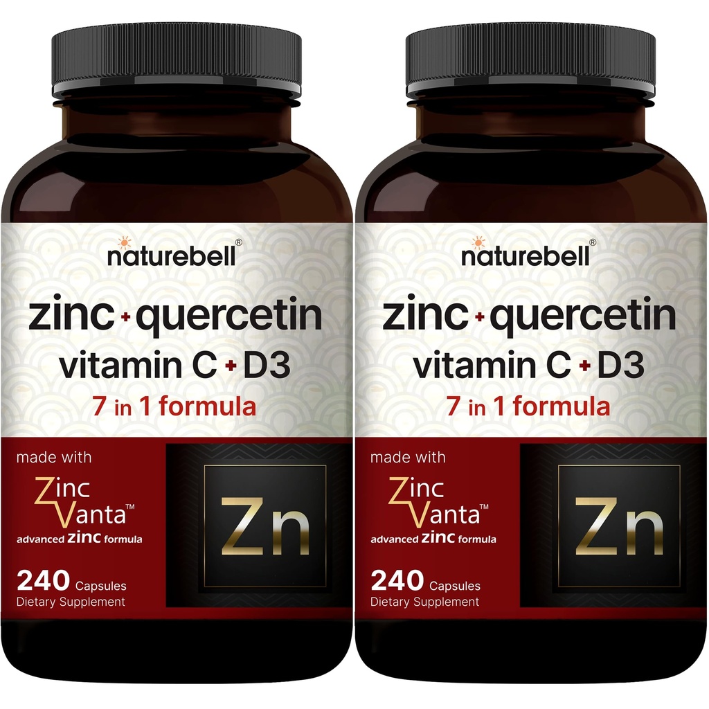 NatureBell Zinc Quercetin con Vitamina C & D3, 480 Capsule (2 Pack) | Quercetin 1.000mg + Zinc 50mg + Vitamina C 250mg + Vitamina D3 5000 IU | 4-in-1 Advanced Immune & Lung Support | ZincVanta Formula