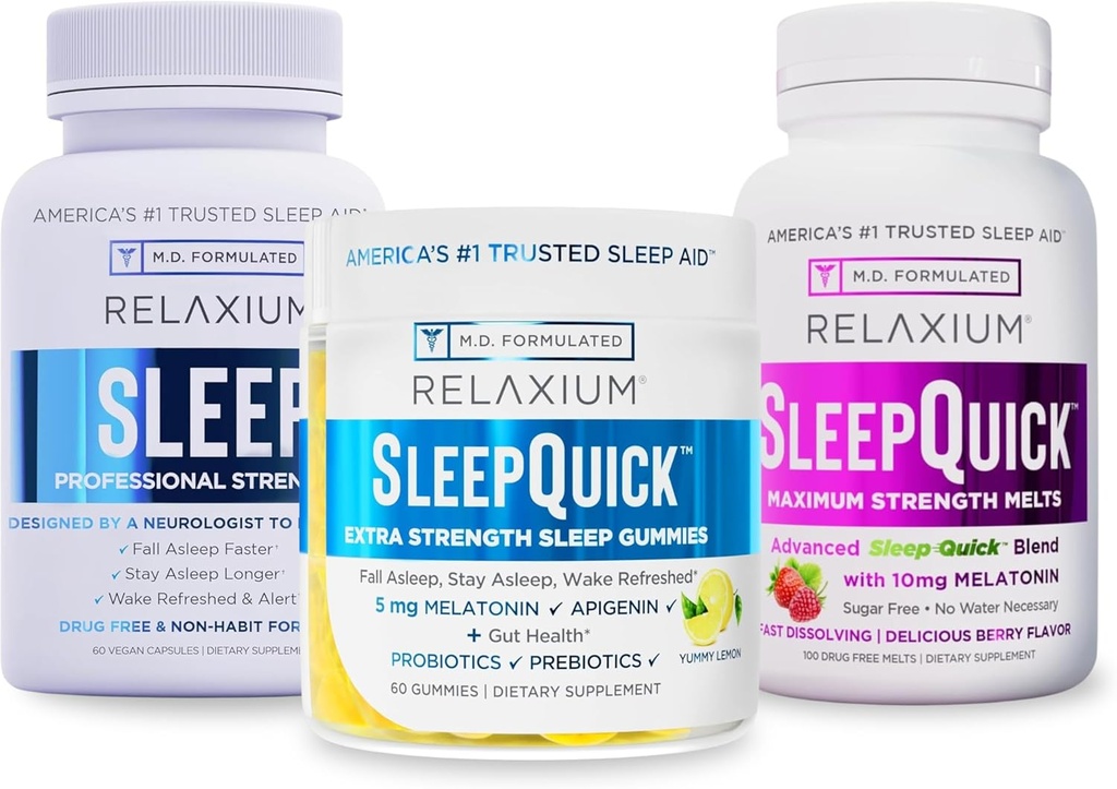 Relaxium Sleep | 60 capsule + sonno rapidamente Melts + Gummies (Family Pack Sleep Bundle)