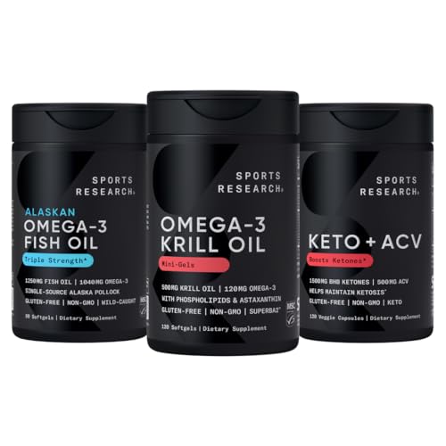 Ricerca sportiva Olio di pesce Omega-3 a tripla resistenza, Krill antartico olio + Phospholipids, Choline & Astaxanthin Mini-Softgels, Keto Plus ACV 500mg di Aceto di Sidro di Mele & 1500mg goBHB Chetoni esogeni