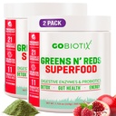 GOBIOTIX Super Greens and Reds Powder - Superfood rosso e verde - Supplemento probiotico - Enzimi digestivi e polvere di radice di barbabietola - Integratore alimentare di alimenti integrali organici (Pom Raspberry, 2 Pack)